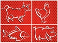 Set of pictures edible cattle as cow, chicken, pork and fish Royalty Free Stock Photo